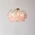 Traditional French Iron Glass Round Flower 5/6 Light Semi-flush Mount Ceiling Light for Living Room