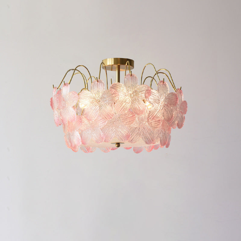 Traditional French Iron Glass Round Flower 5/6 Light Semi-flush Mount Ceiling Light for Living Room