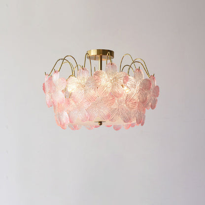 Traditional French Iron Glass Round Flower 5/6 Light Semi-flush Mount Ceiling Light for Living Room