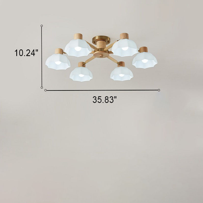 Traditional Japanese Wabi-sabi Rubberwood Hardware Glass 3/6/8-Light Flush Mount Lighting For Living Room Lumendat