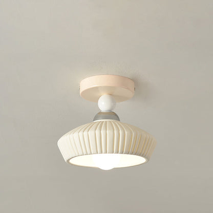 Contemporary Scandinavian Cream Ceramic Geometric Round Shade 1-Light Semi-Flush Mount Ceiling Light For Living Room