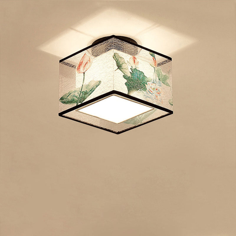 Traditional Chinese Square Iron Fabric 1-light Semi-flush Mount Ceiling Light for Hallway
