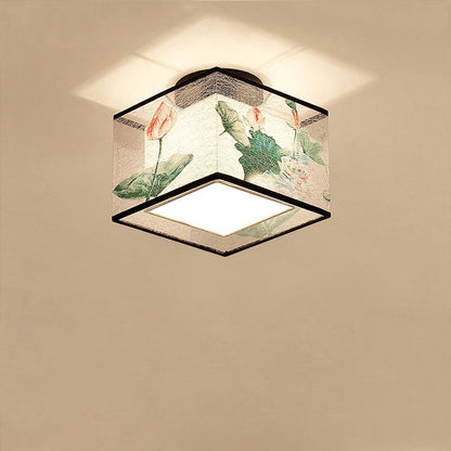 Traditional Chinese Square Iron Fabric 1-light Semi-flush Mount Ceiling Light for Hallway