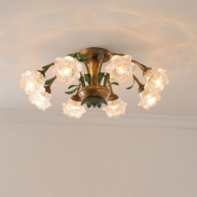 Traditional Rustic Floral Iron Glass 6/8/10 Light Semi-Flush Mount Ceiling Light For Living Room Lumendat