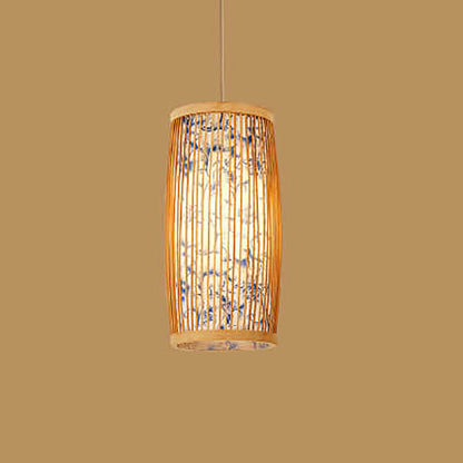 Modern Chinese Cylinder Waist Drum Bamboo Weaving 1-light Pendant Light