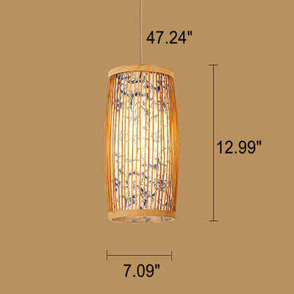Modern Chinese Cylinder Waist Drum Bamboo Weaving 1-light Pendant Light