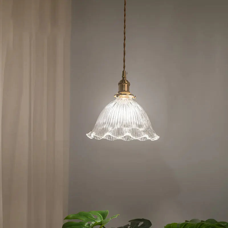Nordic Vintage Clear Glass Flower Shape Brass 1-light Pendant Light Lumendat