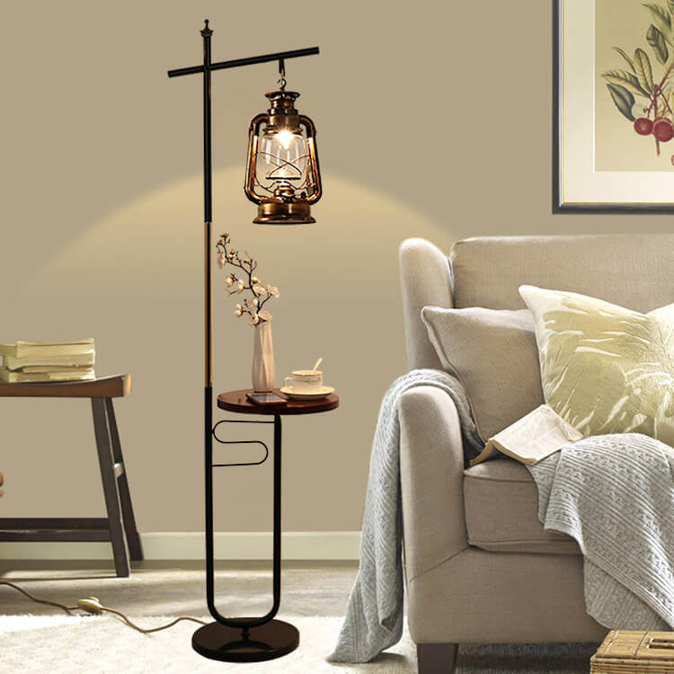 European Vintage Simple Lantern Table Iron Wood Marble 1-Light Standing Floor Lamp Lumendat