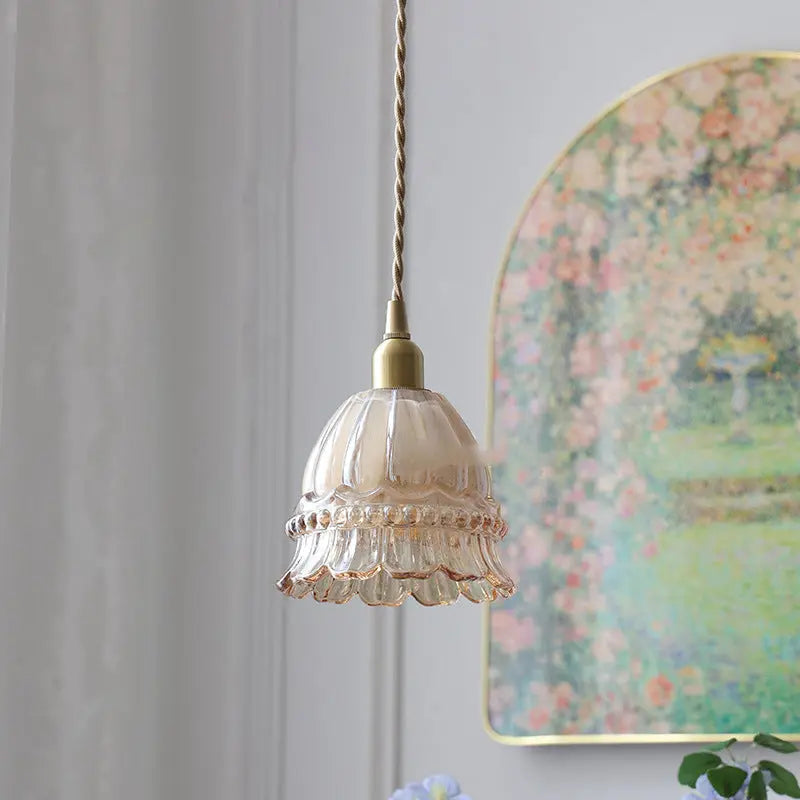 Traditional French Pastoral Walnut Jellyfish Glass Shade 1-light Pendant Light for Living Room Lumendat