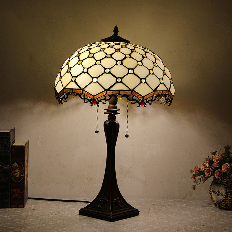 Tiffany Mediterranean Stained Glass Cone Pull Cord 2-Light Table Lamp Lumendat