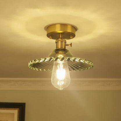 Traditional Vintage Round Ripple Brass Glass 1-light Semi-flush Mount Ceiling Light for Living Room