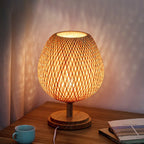 Traditional Chinese Moso Bamboo Wood Iron Weaving Oval Round 1-Light Table Lamp For Bedroom Lumendat