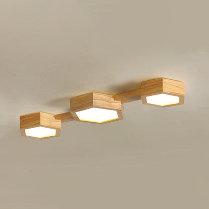 Traditional Japanese Hexagon Wood Acrylic LED Flush Mount Ceiling Light for Living Room