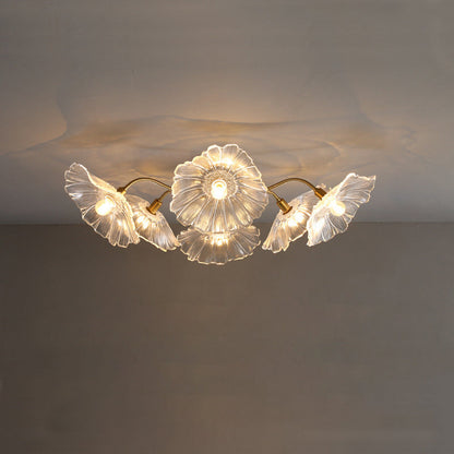 Traditional Vintage Gold Finish Frame Flower Glass Shade 6-light Semi-flush Mount Ceiling Light for Bedroom