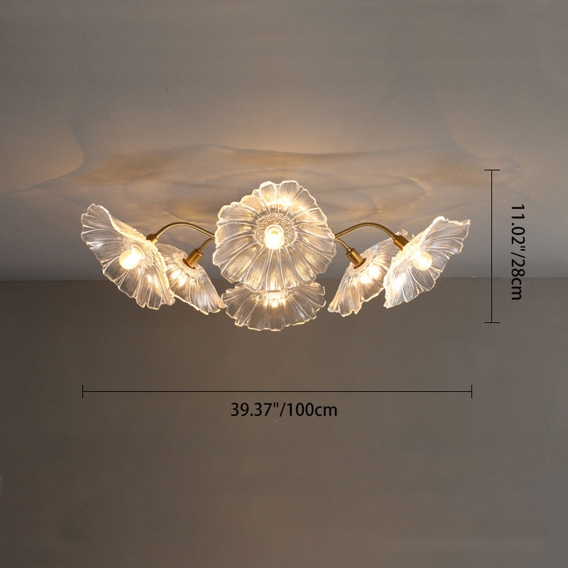 Traditional Vintage Gold Finish Frame Flower Glass Shade 6-light Semi-flush Mount Ceiling Light for Bedroom