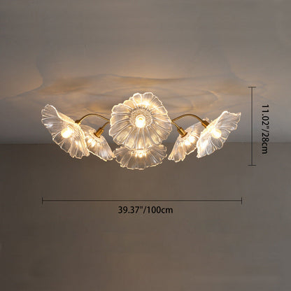Traditional Vintage Gold Finish Frame Flower Glass Shade 6-light Semi-flush Mount Ceiling Light for Bedroom