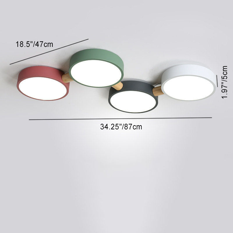 Contemporary Scandinavian Macaron Iron Geometric Round Shade Wood Splicing LED Flush Mount Ceiling Light for Bedroom