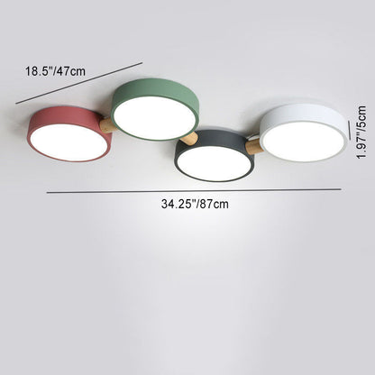 Contemporary Scandinavian Macaron Iron Geometric Round Shade Wood Splicing LED Flush Mount Ceiling Light for Bedroom