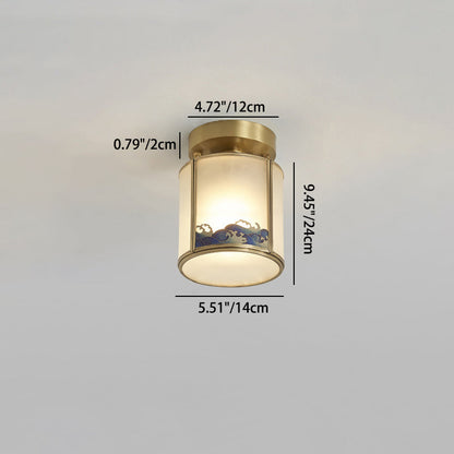 Traditional Chinese Painting Cylinder Copper Solder 1-Light Semi-Flush Mount Ceiling Light For Bedroom