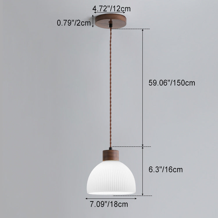 Traditional Japanese Walnut Glass Ball Round Bottle Ribbed 1-light Pendant Light for Dining Room