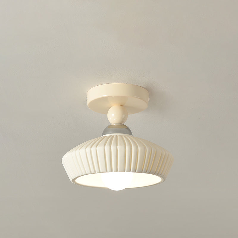 Contemporary Scandinavian Cream Ceramic Geometric Round Shade 1-Light Semi-Flush Mount Ceiling Light For Living Room