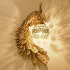 Vintage Ornate Resin Long Tail Peacock Crystal Ball Shade 1-Light Wall Sconce Lamp