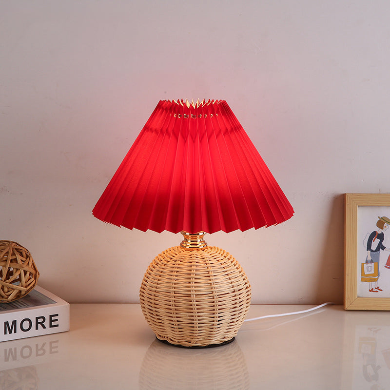 Contemporary Nordic Rattan Fabric Pleated Conic Ball LED Table Lamp For Bedroom Lumendat