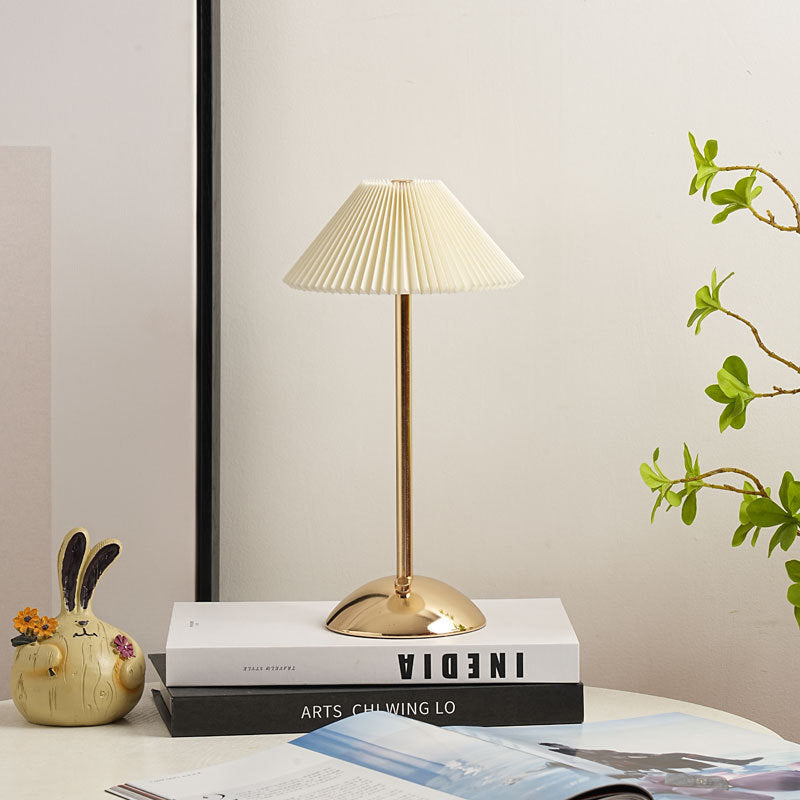 Contemporary Scandinavian Rechargeable Iron Fabric Conic Pleated 1-Light Table Lamp For Bedside Lumendat