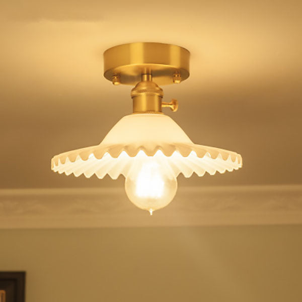 Traditional Vintage Round Ripple Brass Glass 1-light Semi-flush Mount Ceiling Light for Living Room