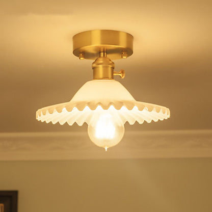 Traditional Vintage Round Ripple Brass Glass 1-light Semi-flush Mount Ceiling Light for Living Room