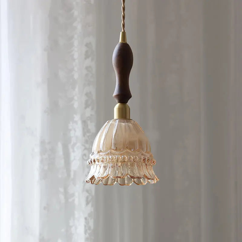 Traditional French Pastoral Walnut Jellyfish Glass Shade 1-light Pendant Light for Living Room Lumendat