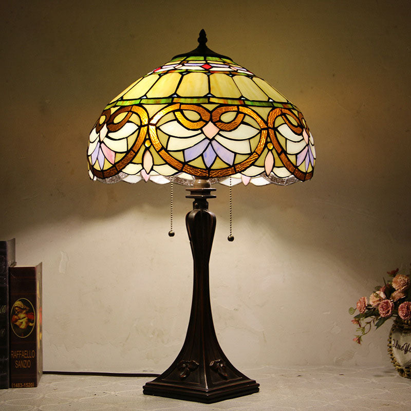 Tiffany Mediterranean Stained Glass Cone Pull Cord 2-Light Table Lamp Lumendat