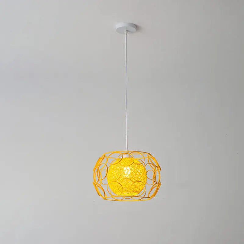 Modern Minimalist Weaving Hemp Ball Iron Drum 1-light Pendant Light for Living Room BulbSquare