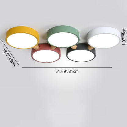 Contemporary Scandinavian Macaron Iron Geometric Round Shade Wood Splicing LED Flush Mount Ceiling Light for Bedroom