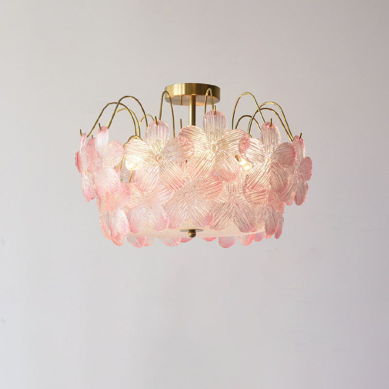 Traditional French Iron Glass Round Flower 5/6 Light Semi-flush Mount Ceiling Light for Living Room