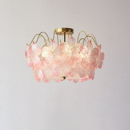 Traditional French Iron Glass Round Flower 5/6 Light Semi-flush Mount Ceiling Light for Living Room