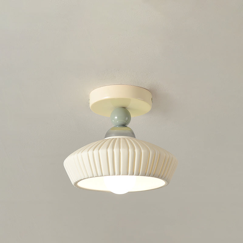 Contemporary Scandinavian Cream Ceramic Geometric Round Shade 1-Light Semi-Flush Mount Ceiling Light For Living Room