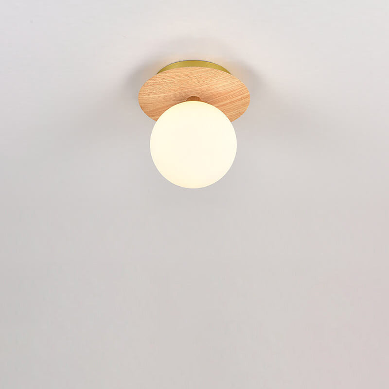 Japanese Minimalist Glass Iron Woodgrain 1-light Semi-flush Mount Ceiling Light