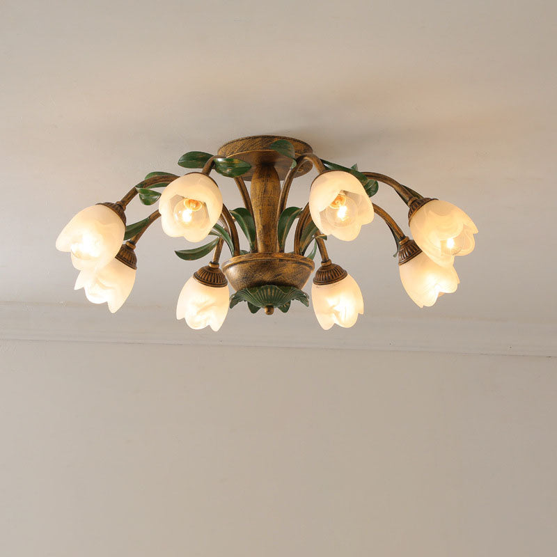 Traditional Rustic Floral Iron Glass 6/8/10 Light Semi-Flush Mount Ceiling Light For Living Room Lumendat
