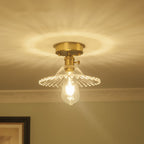 Traditional Vintage Round Ripple Brass Glass 1-light Semi-flush Mount Ceiling Light for Living Room BulbSquare