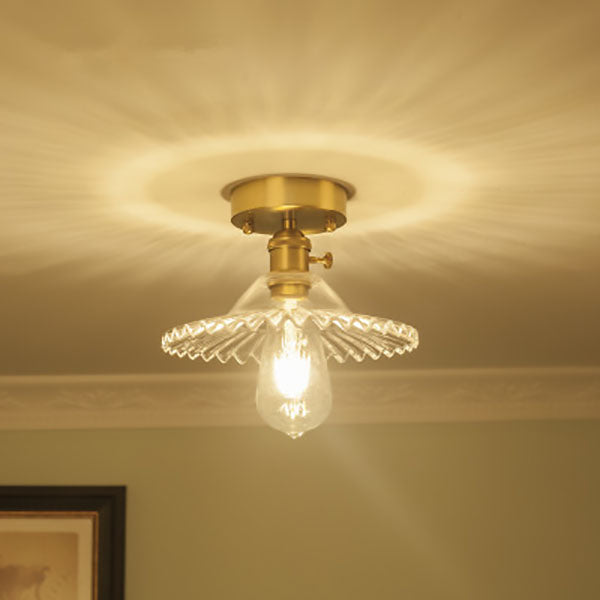 Traditional Vintage Round Ripple Brass Glass 1-light Semi-flush Mount Ceiling Light for Living Room