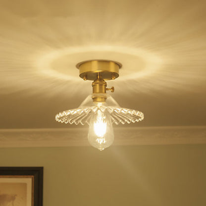 Traditional Vintage Round Ripple Brass Glass 1-light Semi-flush Mount Ceiling Light for Living Room