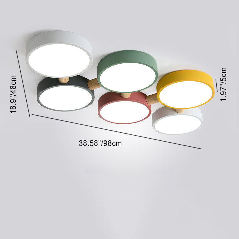 Contemporary Scandinavian Macaron Iron Geometric Round Shade Wood Splicing LED Flush Mount Ceiling Light for Bedroom