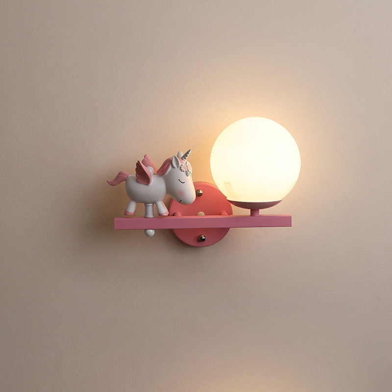 Contemporary Creative Kids Girls Unicorn Orb Resin Iron Glass 1-Light Wall Sconce Lamp For Bedroom Lumendat
