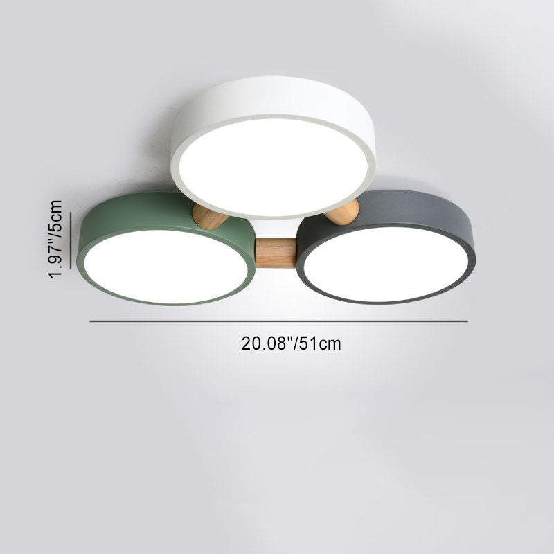 Contemporary Scandinavian Macaron Iron Geometric Round Shade Wood Splicing LED Flush Mount Ceiling Light for Bedroom