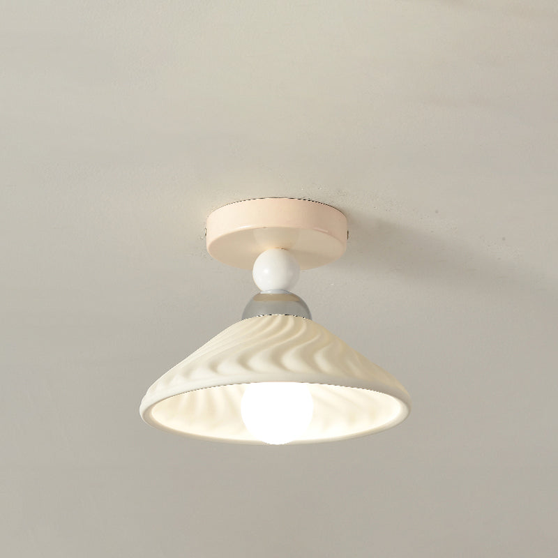 Contemporary Scandinavian Cream Ceramic Geometric Round Shade 1-Light Semi-Flush Mount Ceiling Light For Living Room