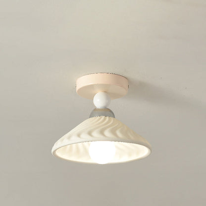 Contemporary Scandinavian Cream Ceramic Geometric Round Shade 1-Light Semi-Flush Mount Ceiling Light For Living Room