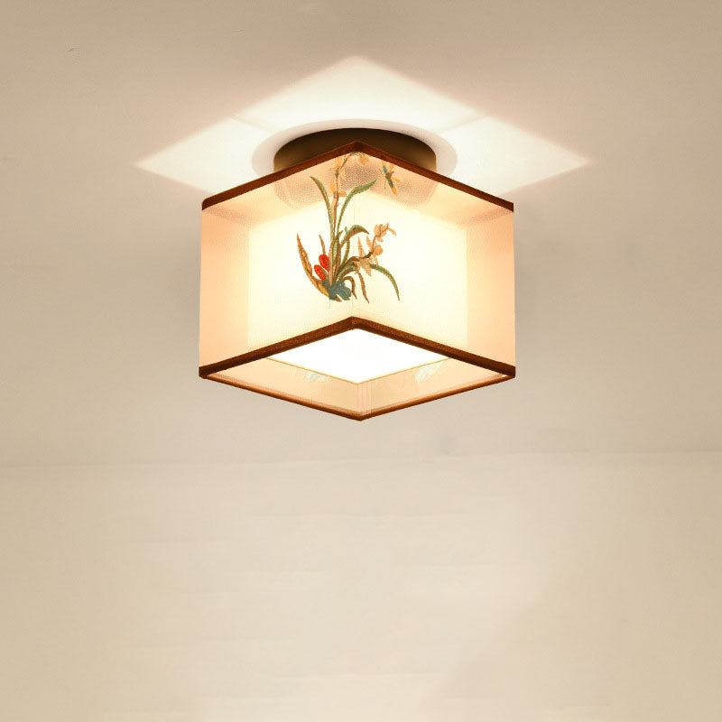 Traditional Chinese Square Iron Fabric 1-light Semi-flush Mount Ceiling Light for Hallway
