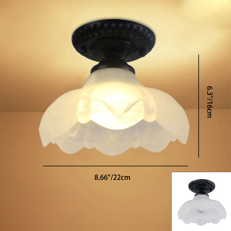 Contemporary Retro Floral Bell Round Iron Glass 1-Light Semi-Flush Mount Ceiling Light For Hallway Lumendat