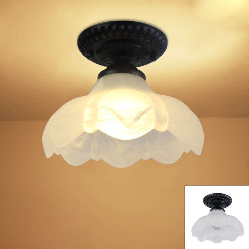 Contemporary Retro Floral Bell Round Iron Glass 1-Light Semi-Flush Mount Ceiling Light For Hallway Lumendat